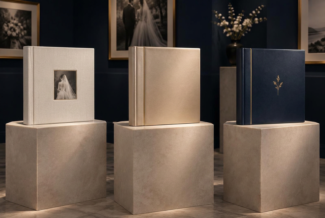 Três álbuns de casamento em formato retrato expostos como obras em uma galeria