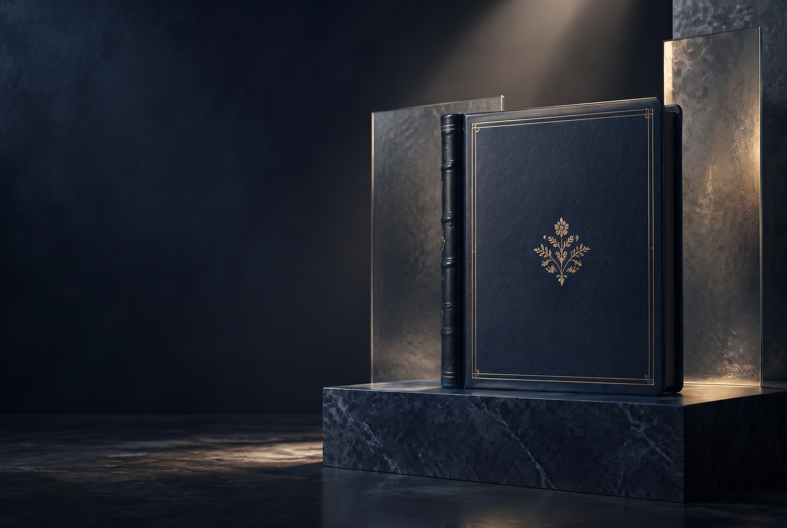 Álbum de casamento em formato retrato, com couro azul, exposto sobre pedestal de mármore