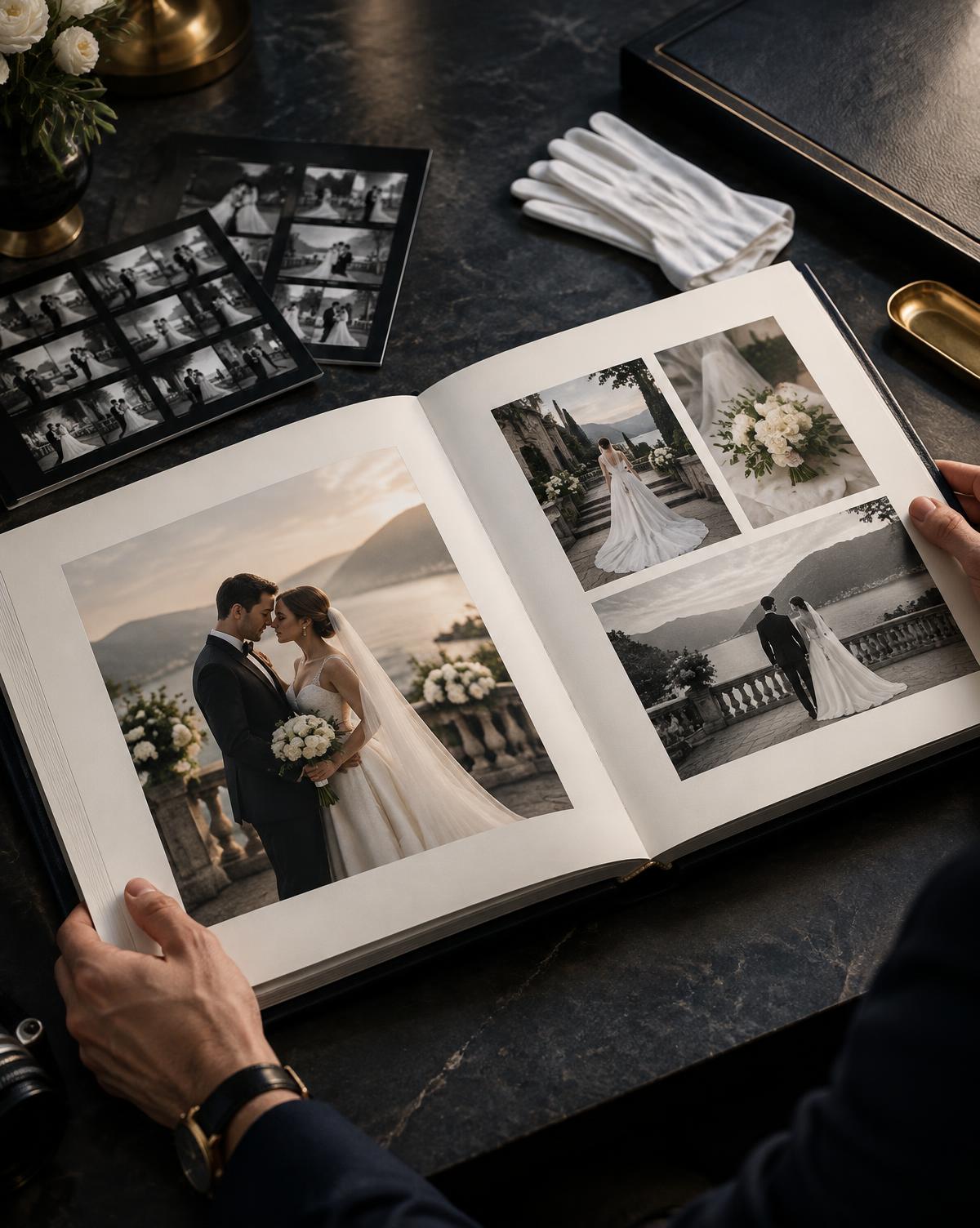 Fotógrafo revisando um álbum de casamento com impressão e acabamento premium